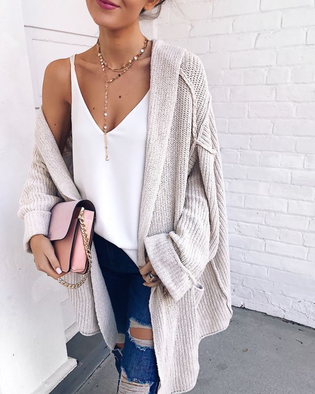 love this outfit for spring. ripped jeans, oversized cardigan, plain white tank