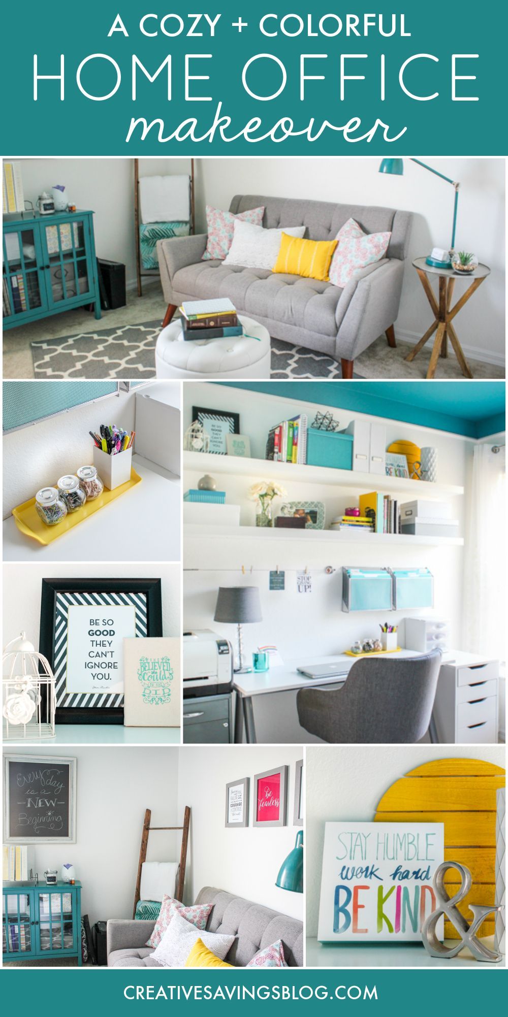 Need home office ideas? This cozy and colorful space fuels creativity with a functional yet stylish design. You won’t mind getting