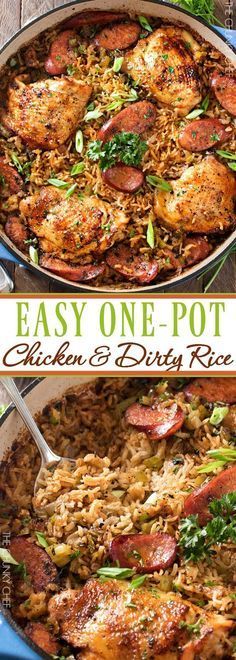 One Pot Chicken and Dirty Rice | Chicken thighs are cooked on top of a homemade dirty rice, which makes for the most flavorful