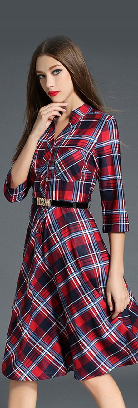 Red Plaids Shirt Dress