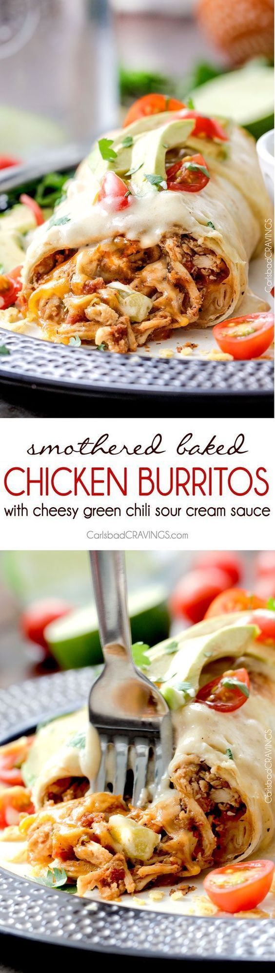 Smothered Baked Chicken Burritos AKA “skinny chimichangas” are restaurant delicious without all the calories! made super easy by