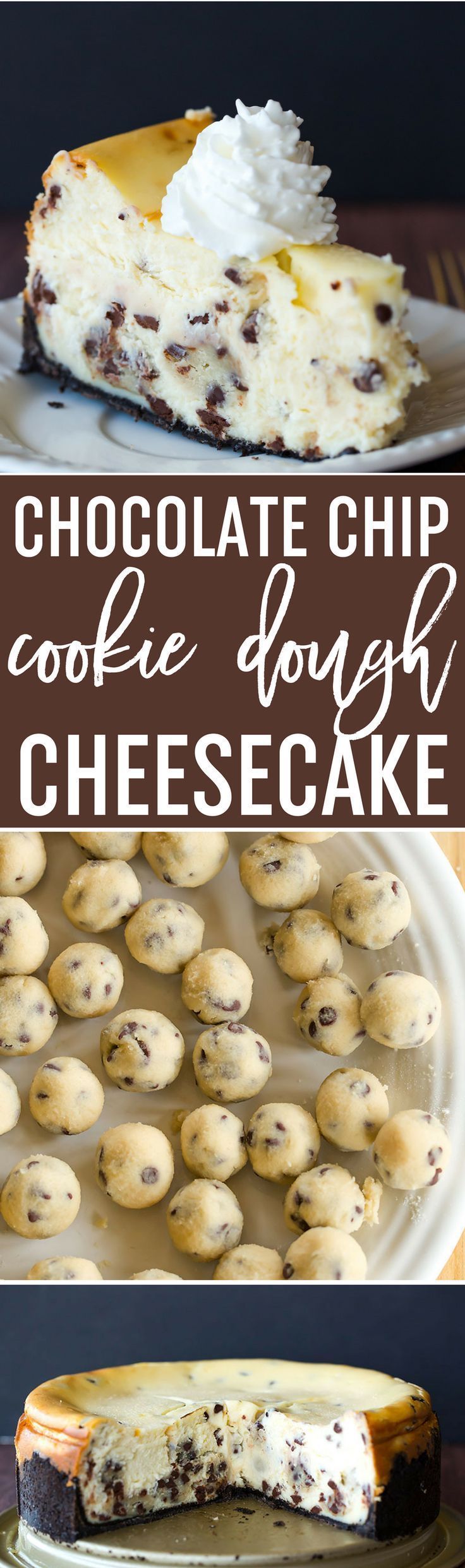 The best cheesecake recipe loaded with chunks of chocolate chip cookie dough and mini chocolate chips – a cookie dough lovers