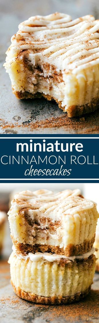The BEST DESSERT! Miniature cinnamon roll cheesecakes with a delicious cinnamon swirl and cream cheese frosting topping! Via
