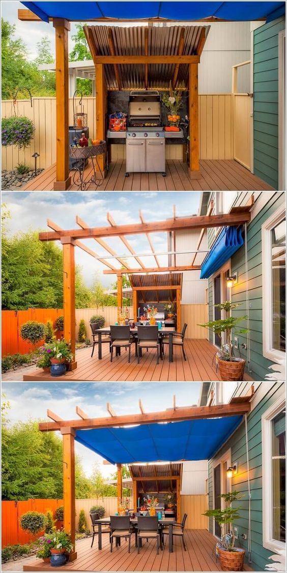 Use a Pergola and a tarp as a cover option for the grill area