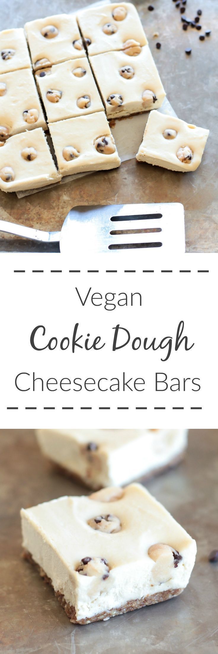Vegan Cookie Dough Cheesecake Bars have a silky smooth cheesecake filling studded with chocolate chip cookie dough bites- they are
