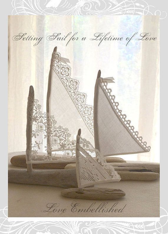 4 Beautiful Driftwood Beach Decor Sailboats Antique Lace Sails Bohemian Inspired Romance Seaside Lakeside Cottage Wedding Cake