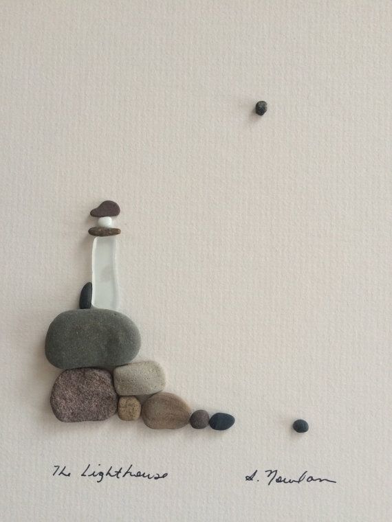 8 by 10 lighthouse made with pebbles and sea glass by by PebbleArt