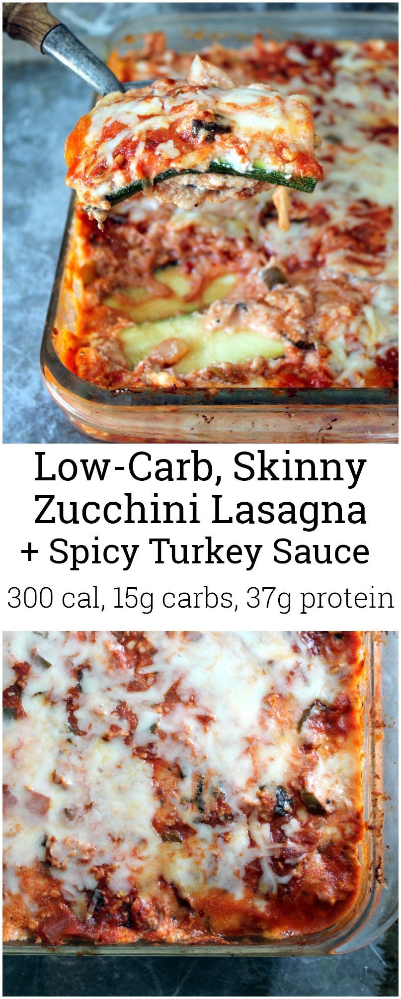 A noodle-less, low carb zucchini lasagna with an incredible turkey meat sauce!