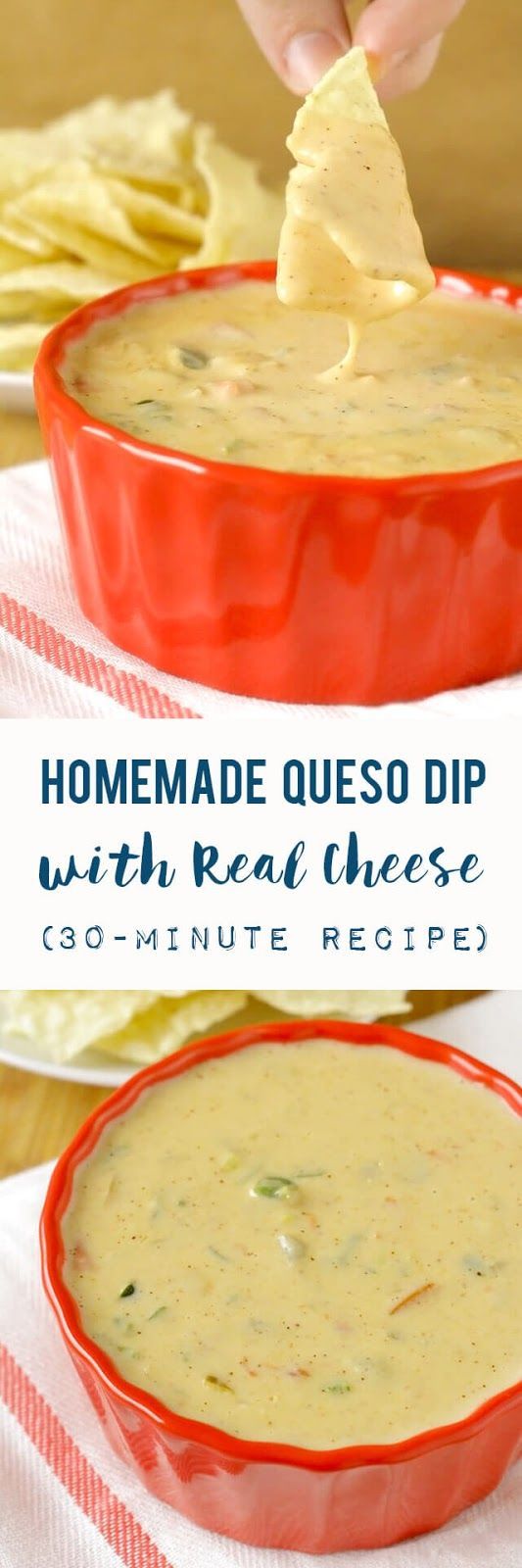 An easy homemade queso dip recipe made with three types of real cheese, onion, garlic, peppers, and spices in 30 minutes or less.