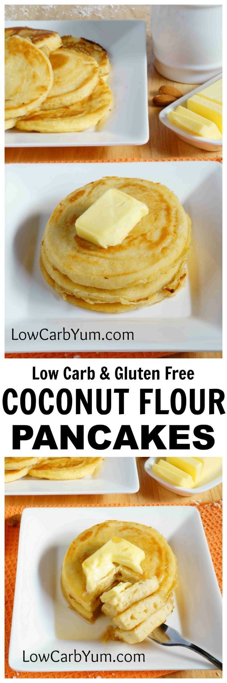An easy recipe for fluffy gluten free coconut flour pancakes. Such a tasty breakfast treat! Enjoy them with your favorite low carb