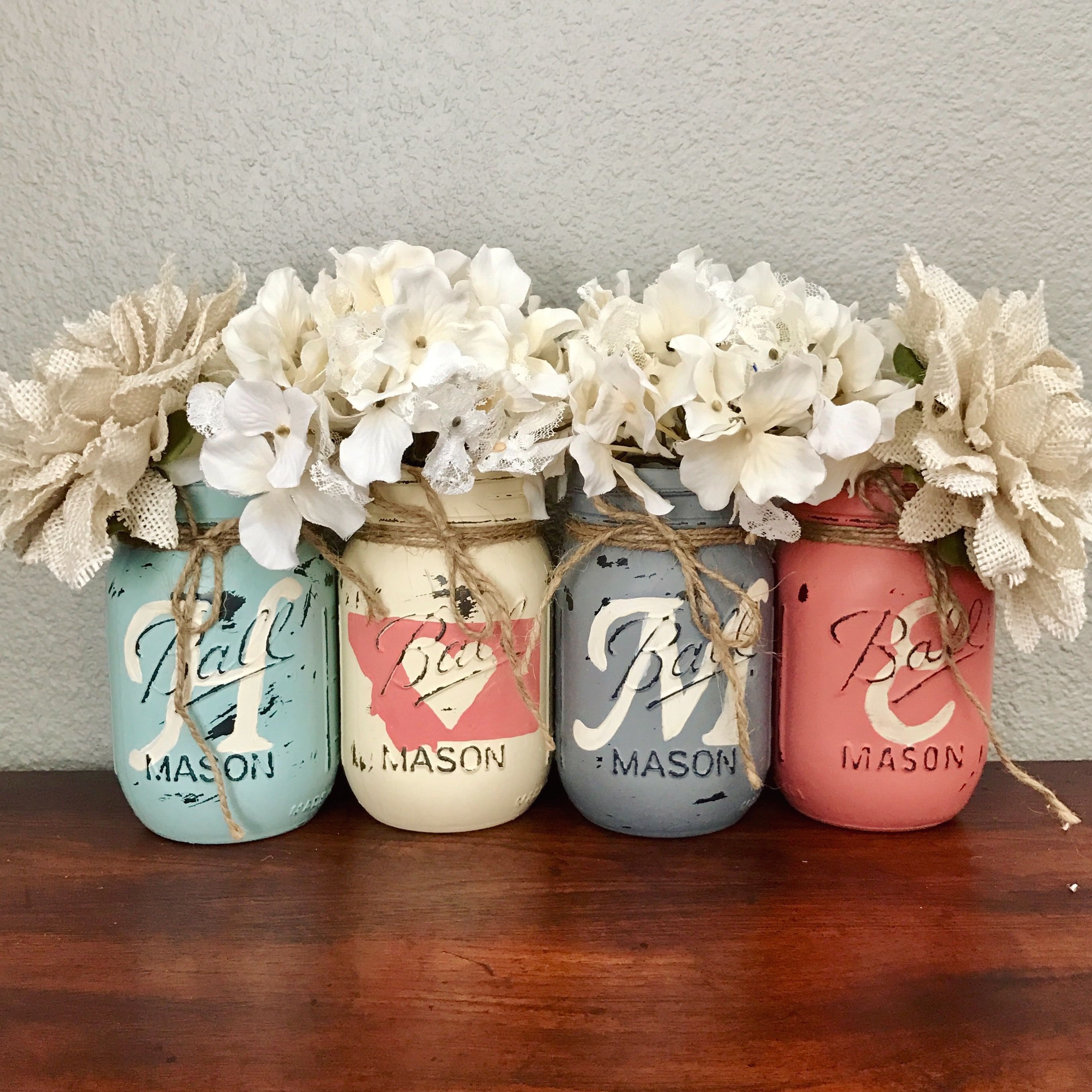 Aqua, Grey and coral Montana home Mason jar set | rustic home decor