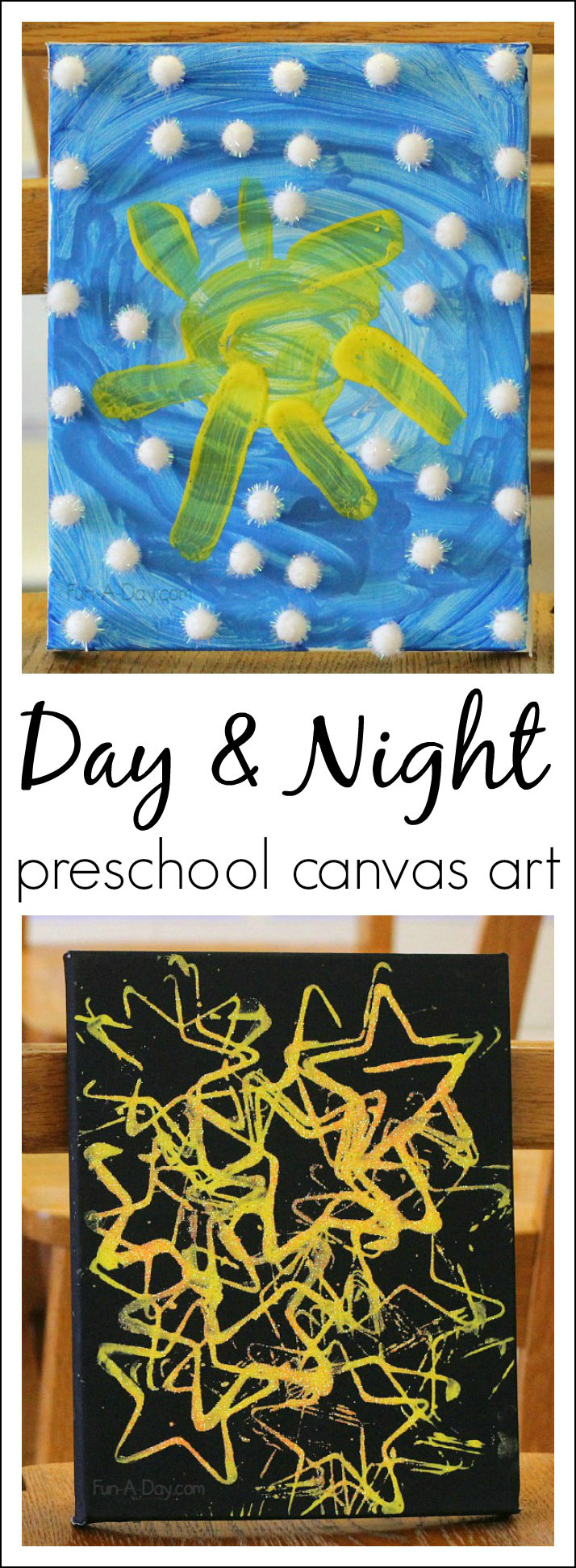 Art for preschoolers – exploring the concepts of day and night using art. I love the the night sky glows under a black light!!