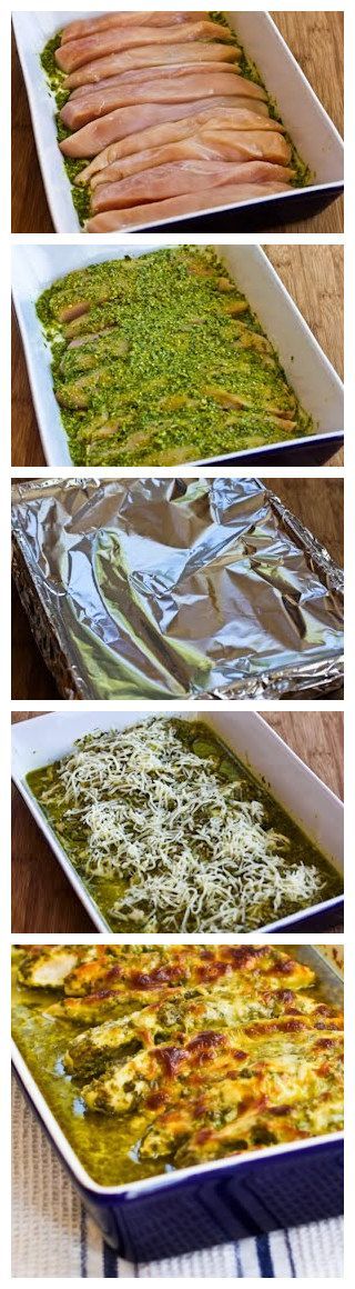 Baked Pesto Chicken — lots of basil = lots of pesto this summer!  –take out mozzarella cheese, use paleo pesto