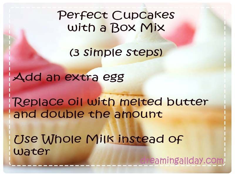 Baking Tip: Perfect Cupcakes from a Box. This is now my new go to way to do box cakes. It tastes great!    Hmmmm, worth a try