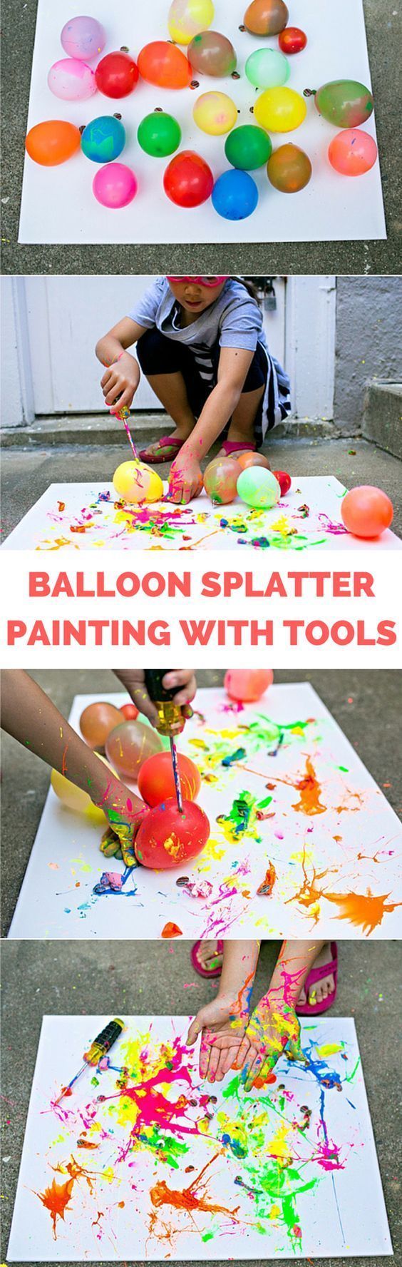 Balloon Splatter Painting with Tools. Fun summer outdoor art project for kid that results in beautiful abstract art!