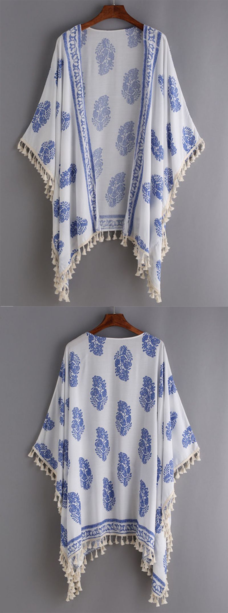 Beach Style – Tassel Trimmed Printed Kimono – romwe.com