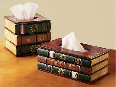 Book Tissue Box …perfectly nerdy & functional.  DIY with cool vintage books.  Attach books to each other in a stack, cut hole to