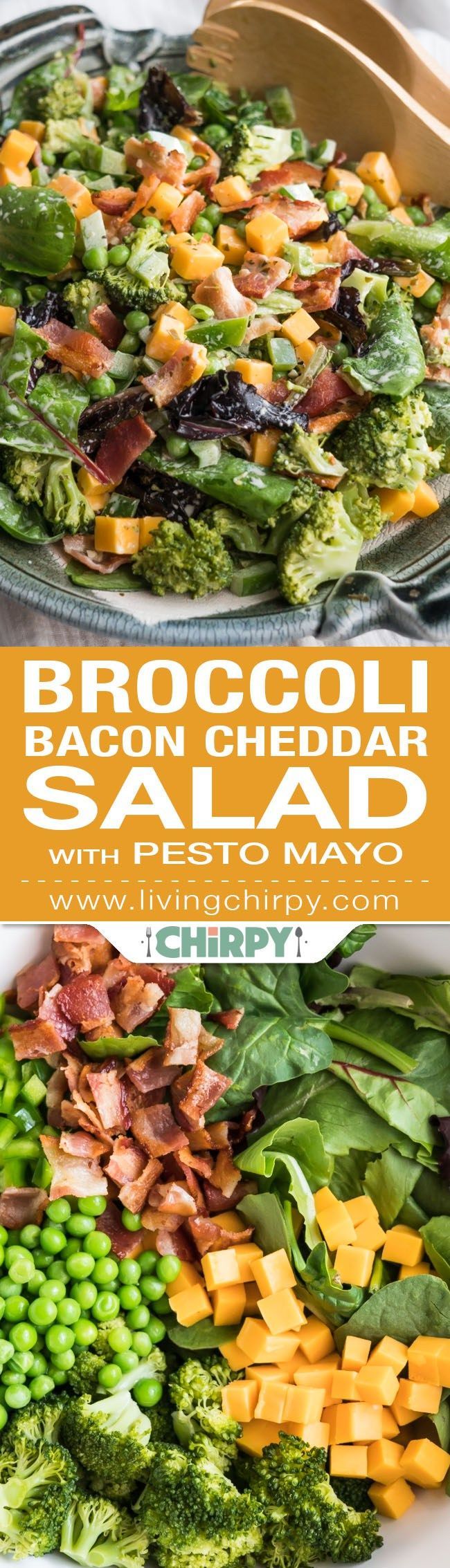 Brocolli Bacon Cheddar Salad with Green Peas and Green Peppers. Tossed with Basil Pesto Mayo. Low-Carb, LCHF, Paleo, Keto, Gluten