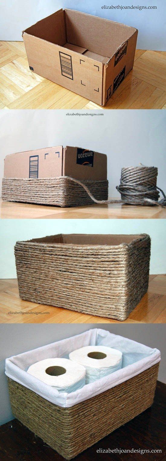Cesta DIY con cartón, tela y cuerda – elizabethjoandesi… – DIY Cardboard Box into Rope Basket