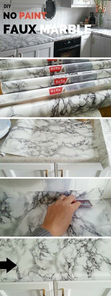 Check out the tutorial: DIY No Paint Faux Marble Possible solution for the bathroom and laundry room