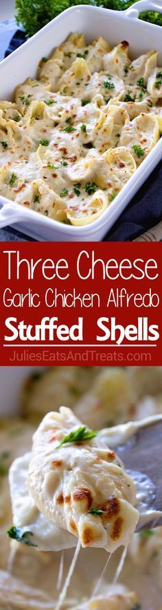 Chicken Alfredo Stuffed Shells Recipe ~ Jumbo Pasta Shells Stuffed with Three Kinds of Cheese and Topped with Creamy Alfredo