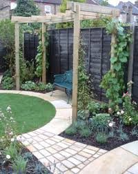 Circular lawn round themed garden design with a curved path and pergola. – Gardening Lene