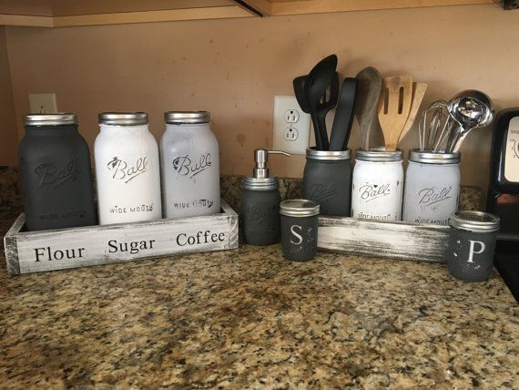 COMPLETE SET!!  Utensil holder-(3) wide mouth quart jars canister set-(3) 1/2 gallon mason jars salt and pepper-(2) 1/2 pint jars