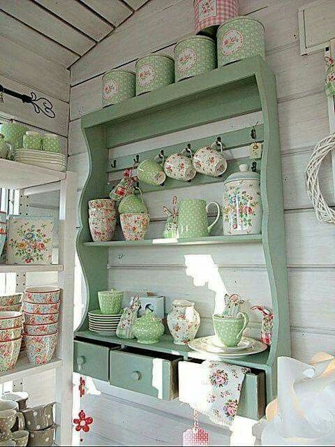 Country Cottage Style kitchen green hutch