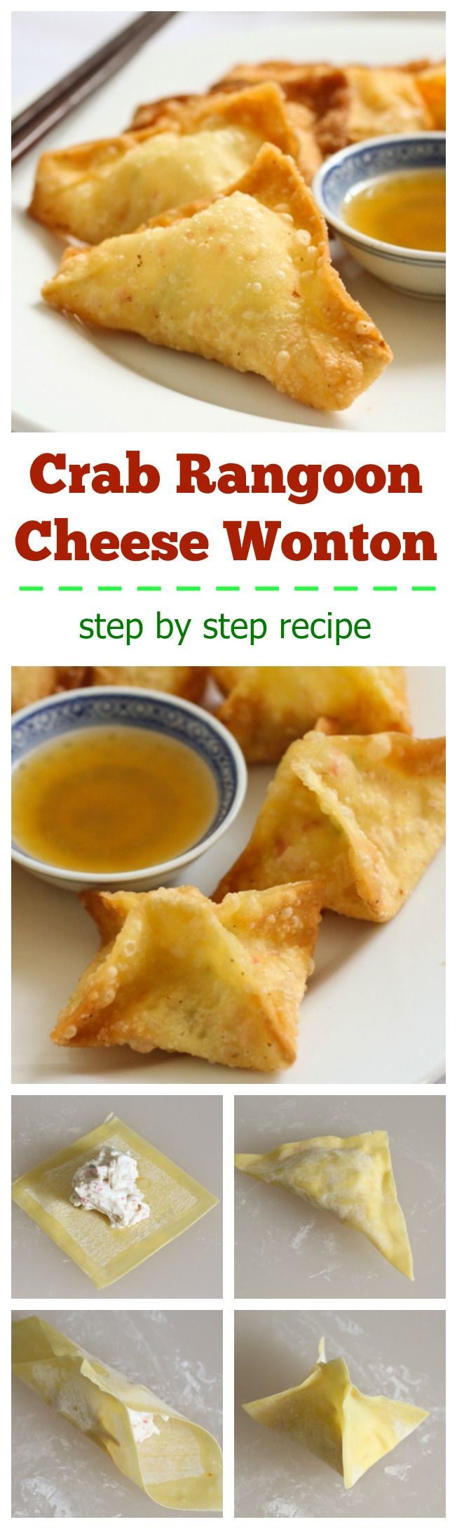 Crab rangoons aka cheese wontons or cheese puffs are a popular Chinese appetizer.  Following this simple step-by-step recipe to