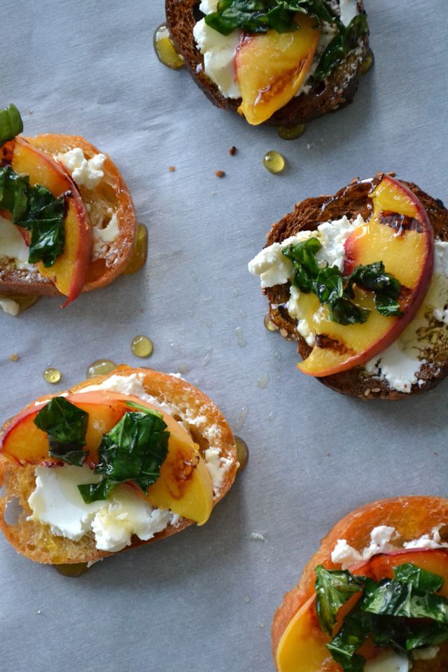 Crostini, peach & goat cheese. Drizzled with honey & topped with basil.