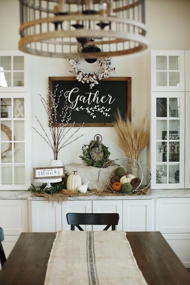 Custom Built Modern Farmhouse Home Tour with Household No 6 | White built in storage display, Gather chalkboard, cottn wreath,