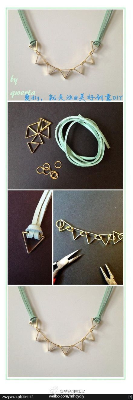 Cute DIY geometric necklace. I think Id prefer a metal chain over the suede used here.