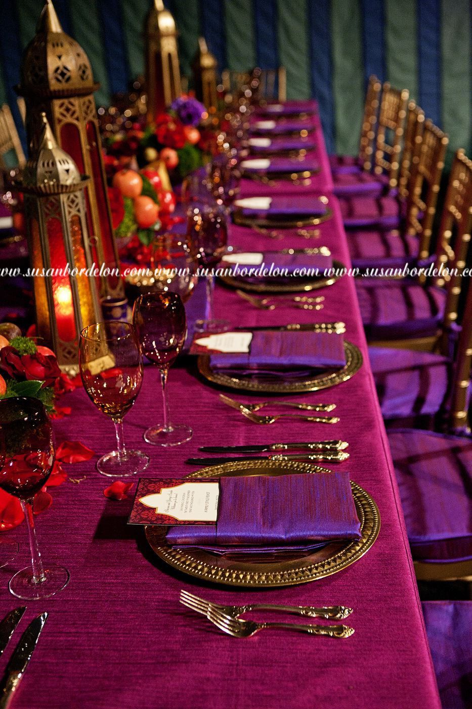 Decadent Bohemian Dining…love the sumptuous shades of purple and fuchsia !  — I would add orange to the mix!
