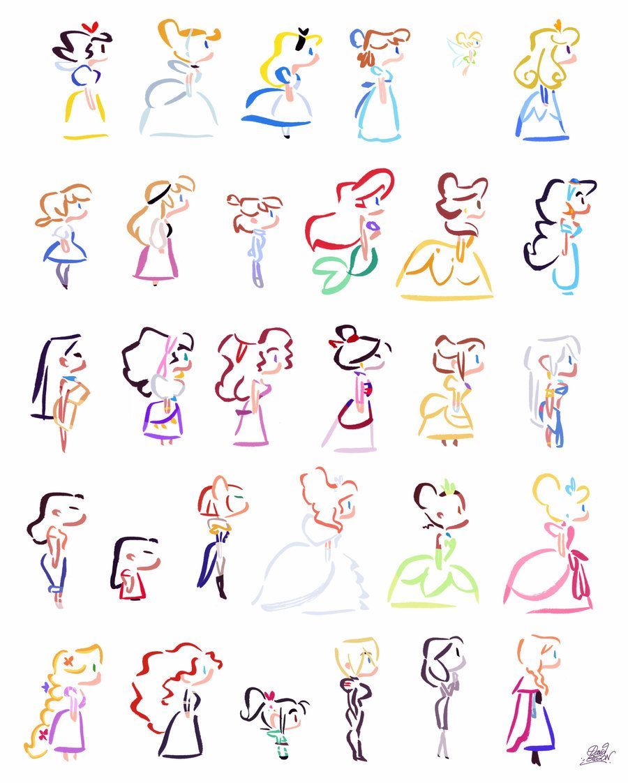 Disney Heroines Simple Lines by *princekido on deviantART*  Would look super cute as teeny tiny tattoos!!