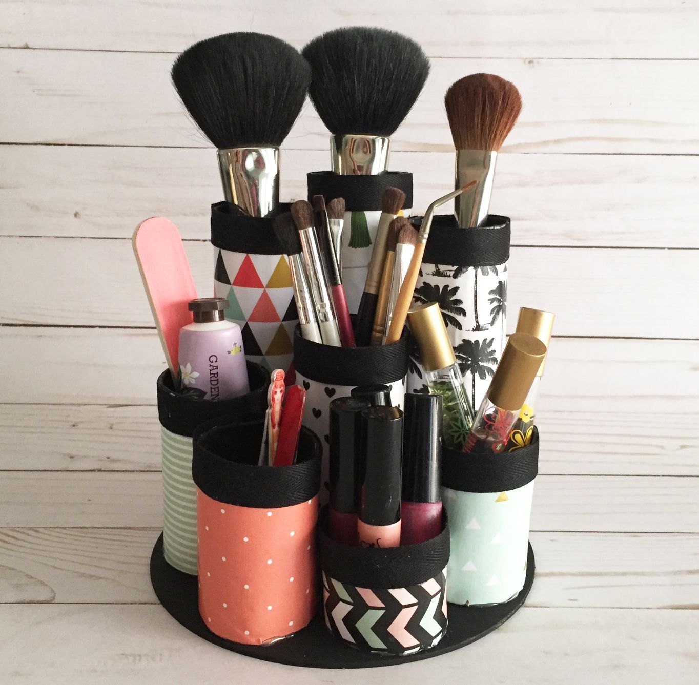 DIY Makeup Organizer. Made from recycled paper towel tubes. Perfect for makeup brushes and lipstick. Video How To.