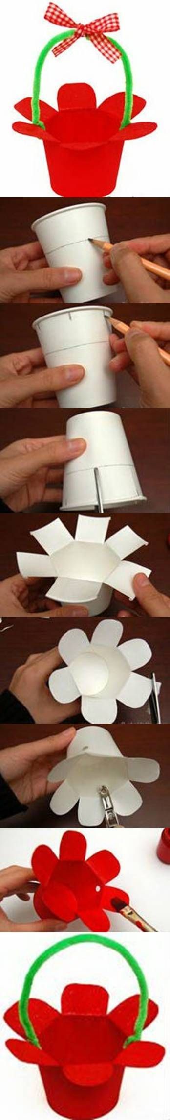 DIY Paper Cup Basket…cute idea for kids at Easter; a craft for them or part of their table setting.