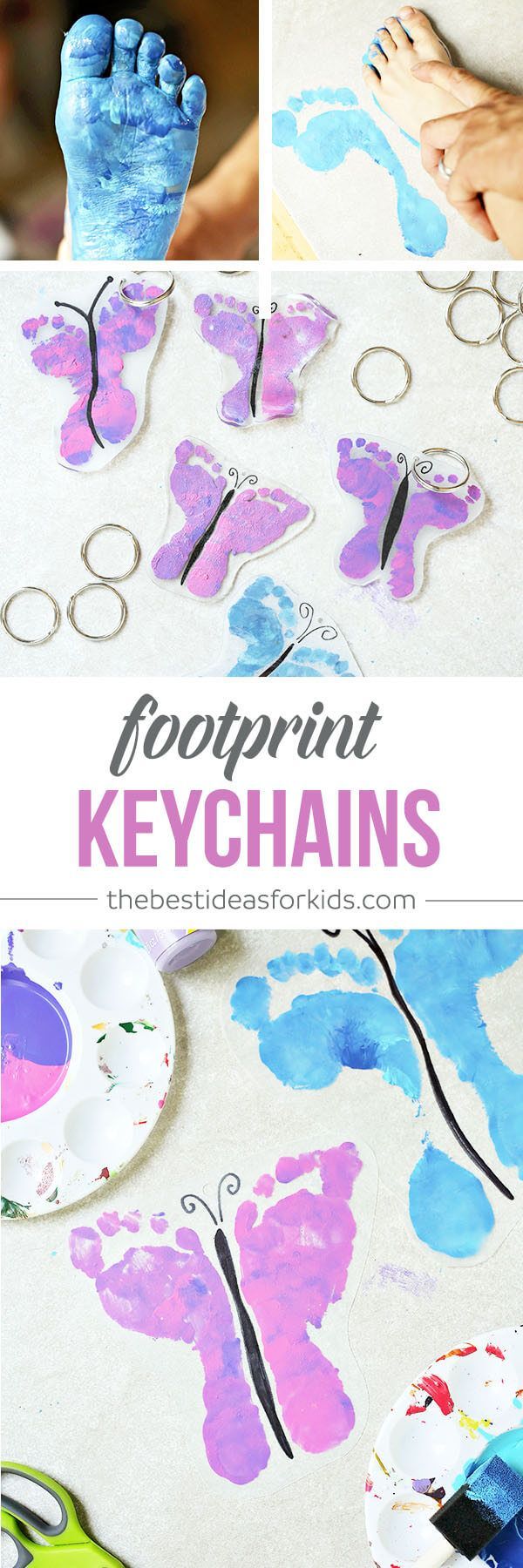DIY Shrinky Dink Butterfly Footprint Keychains – these are SO CUTE! Perfect for Mothers Day or Fathers Day!  Footprint crafts |