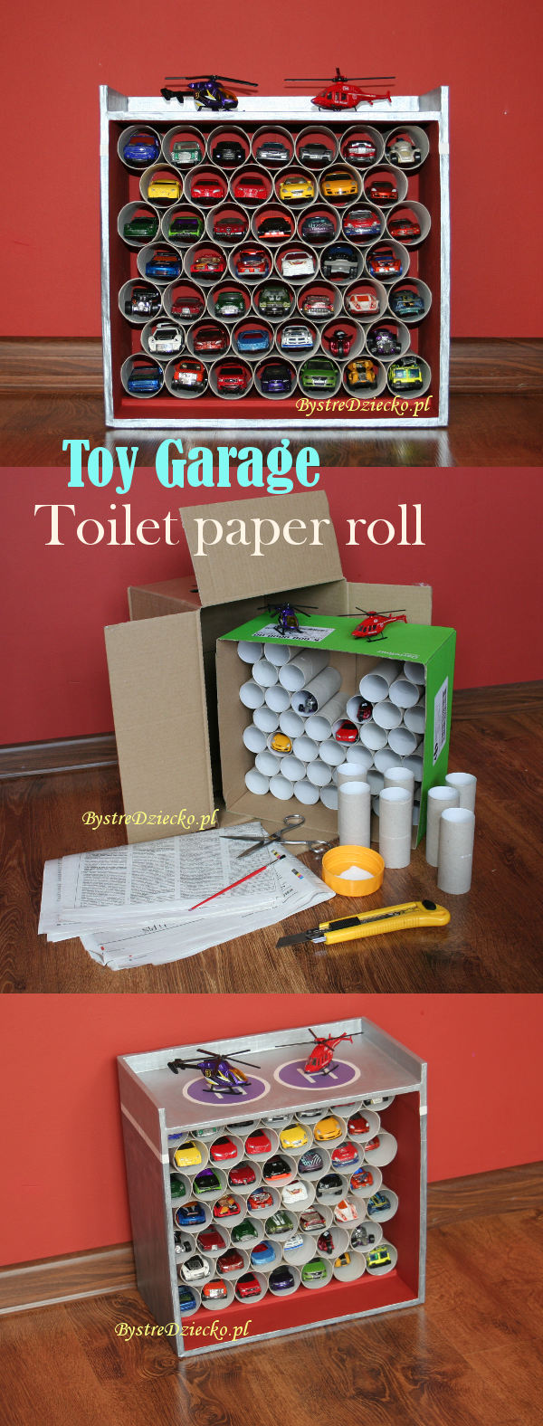 DIY toy garage made from toilet paper rolls and cardboard boxes – toilet paper roll crafts for kids