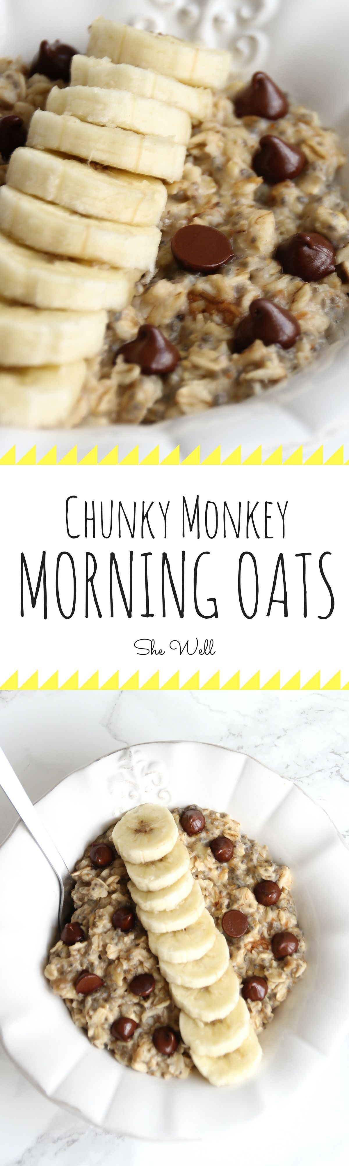 Easy banana, chocolate & peanut butter Chunky Monkey Morning Oats! Get the recipe now or pin for later!