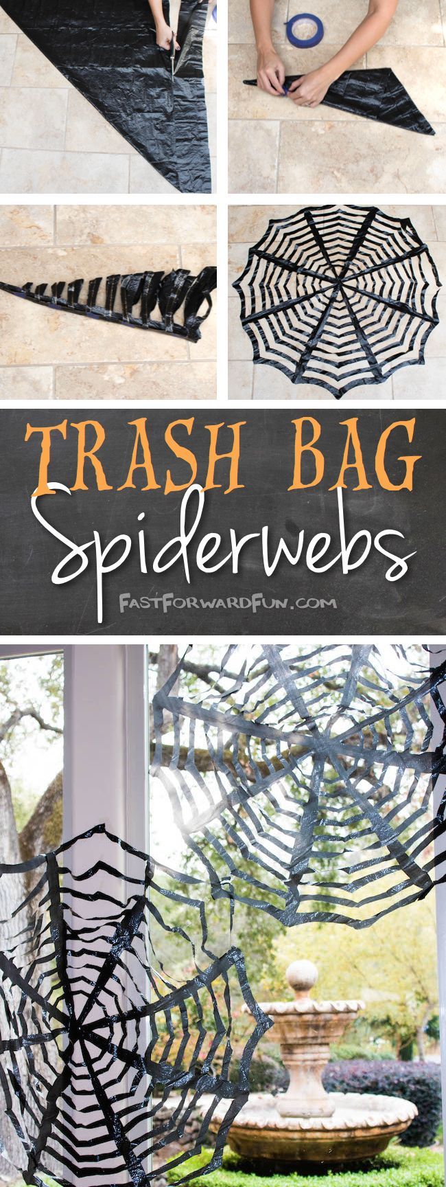 Easy DIY Trashbag Spiderweb Tutorial — Fun video and lots of step-by-step photos! Perfect for Halloween.