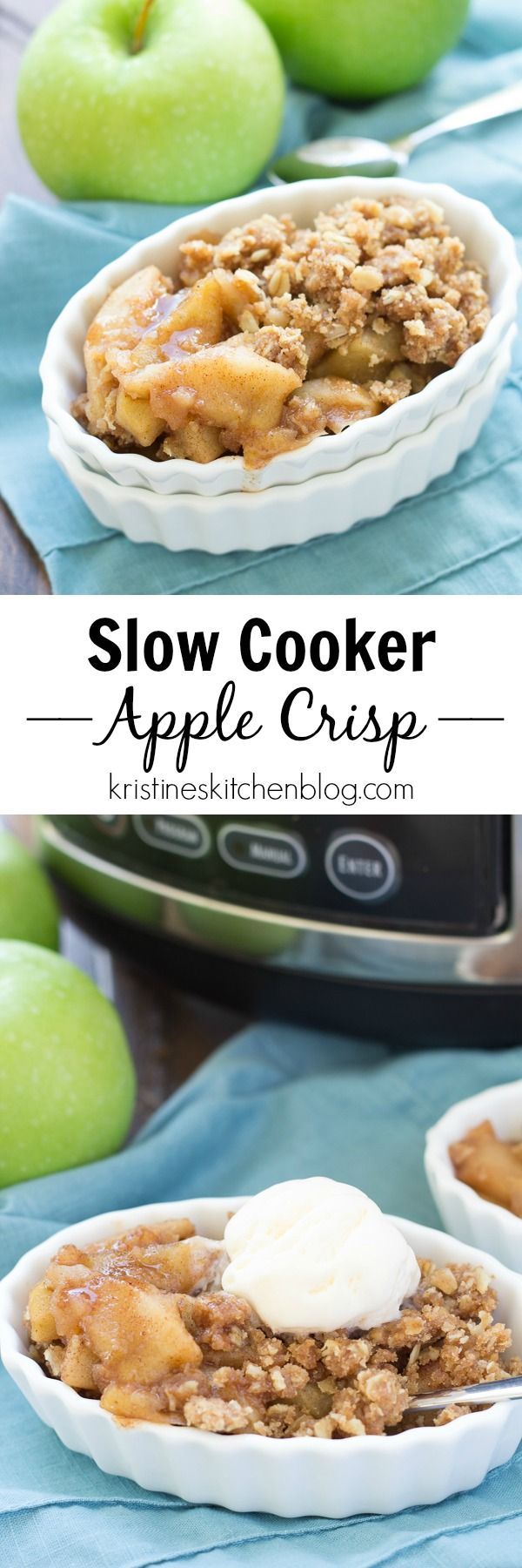 Easy Slow Cooker Apple Crisp, made completely in the crock pot! Juicy, spiced caramel apple filling plus lots of buttery crumble