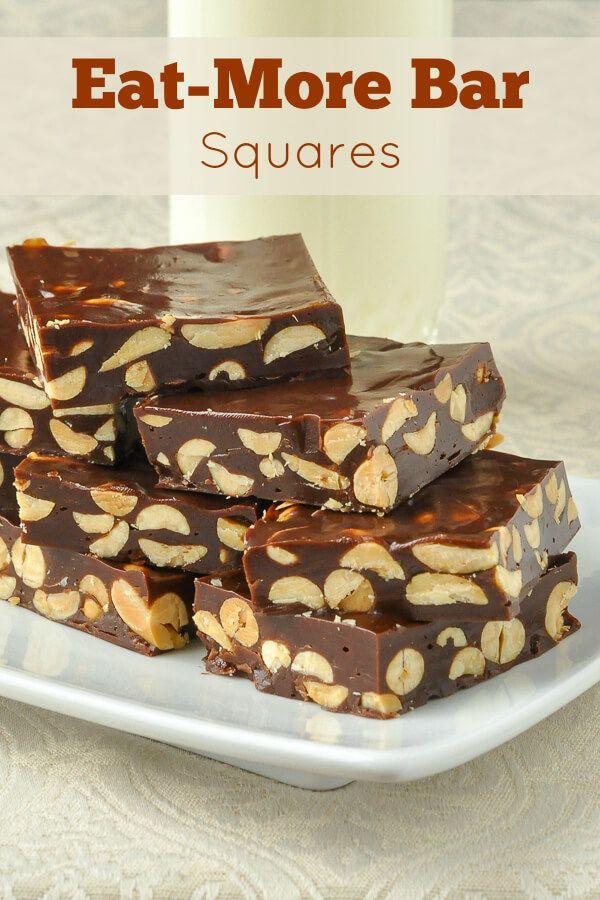 Eat More Bar Squares – an easy candy confection! These chewy and crunchy candy squares are the perfect marriage of peanut and