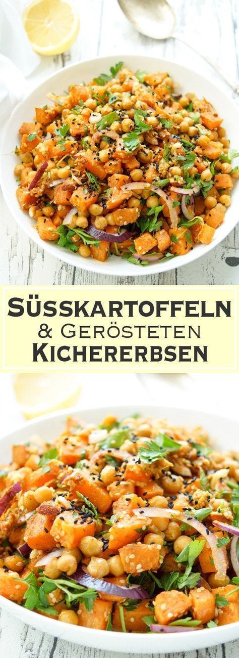 Ein gesundes Rezept für einen Salat aus Süßkartoffeln mit gerösteten Kichererbsen und einem