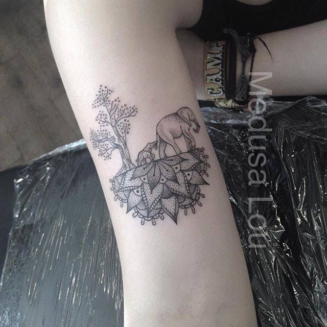Elephant & Trees on Half Mandala tattoo by Medusa Lou Tattoo Artist – medusaloux@outloo…