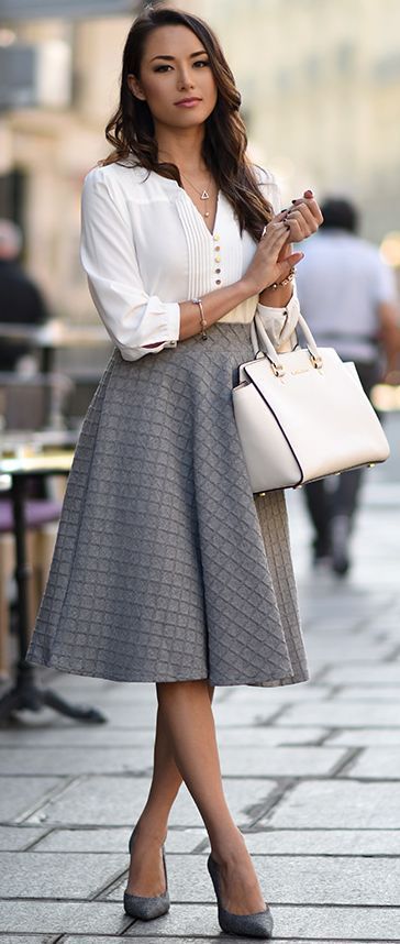 Embossed Gingham A-line Midi Skirt In Grey Fall Street Style Inspo by Hapa Time #ReinventTheHeel