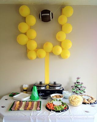 Football party idea!  The yellow posterboard and yellow balloons cost under $2.00.  I would suggest tacks for hanging it up.  Find