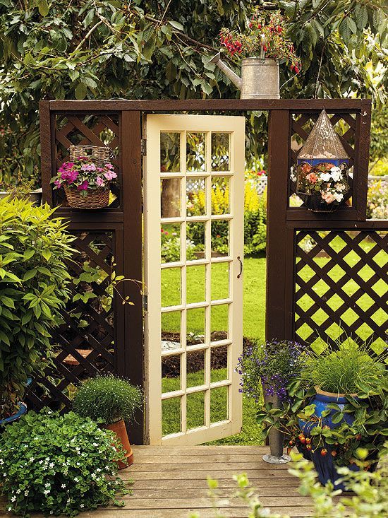 garden gate 2 7 Ways to Upscale Upcycled French Doors would be great for yard with chicken wire on it.