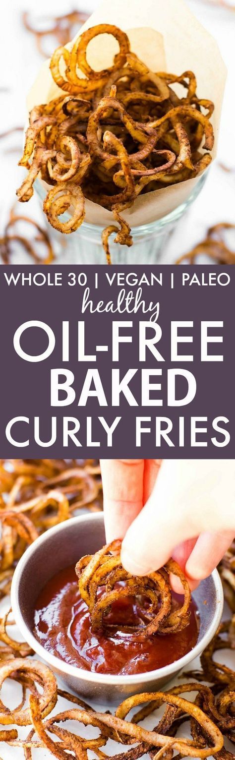 Healthy Oil-Free Baked Curly Fries (Whole30, V, GF, P)- Easy, fat-free potatoes which are crispy, easy and the perfect spice