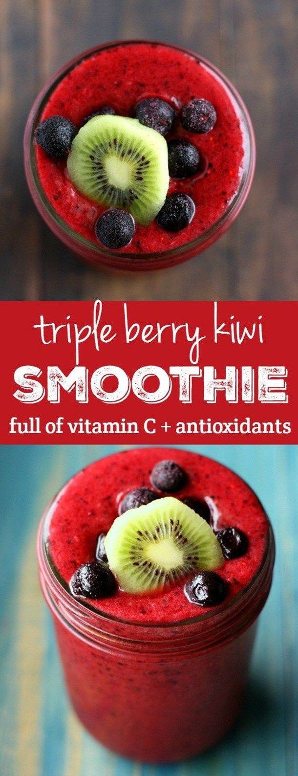 Healthy+Snacks+-+Immunity+Boosting+Triple+Berry+Kiwi+Smoothie+Recipe+via+The+Pretty+Bee