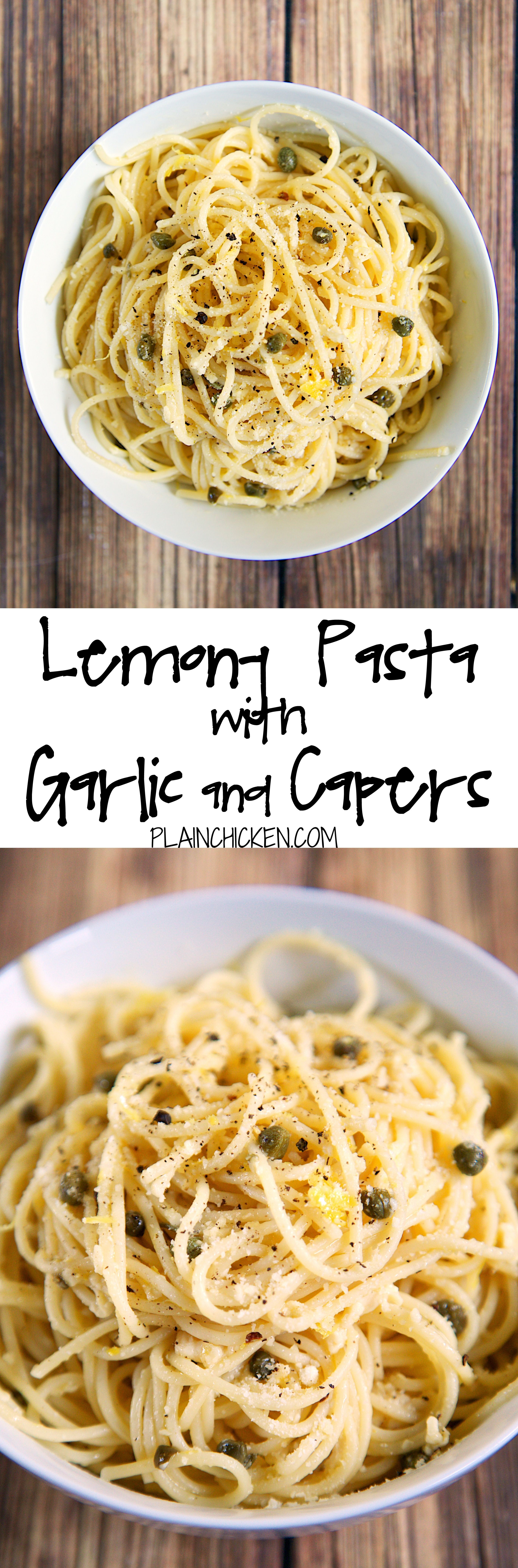 Lemony Pasta with Garlic and Capers recipe – quick pasta dish tossed with olive oil, lemon, garlic, capers and parmesan –